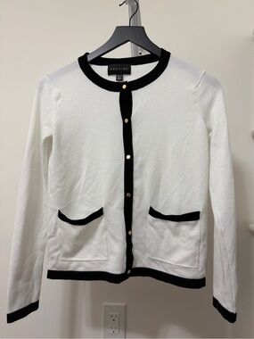 Premise White Cardigan with Black Trim and Gold Buttons